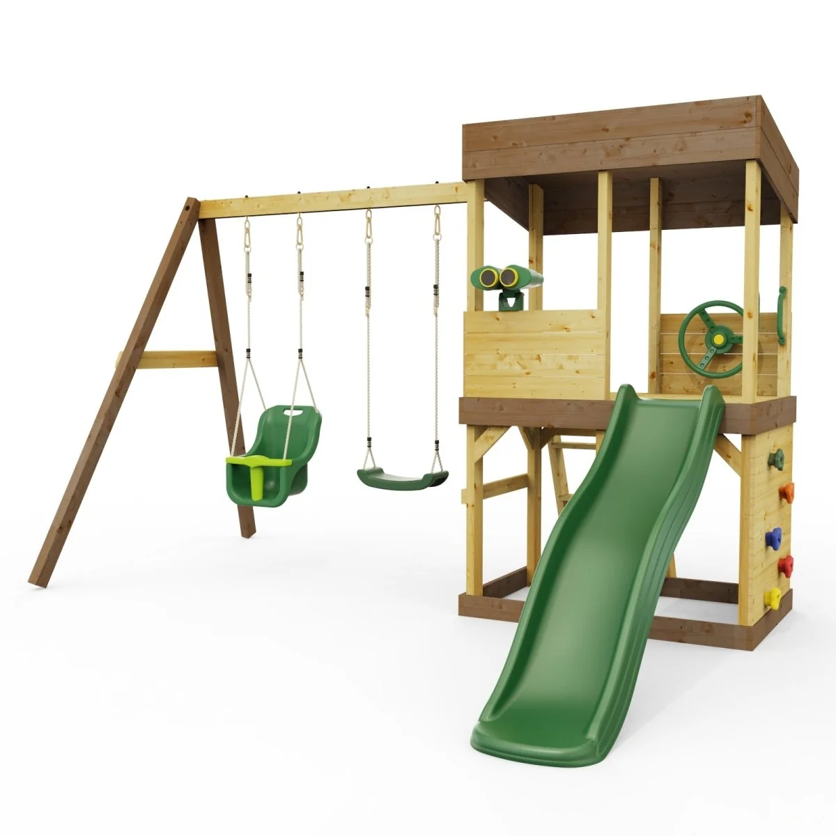 Rebo Lookout Tower Wooden Playhouse Double Swing Wave Slide Adventure Pack Set