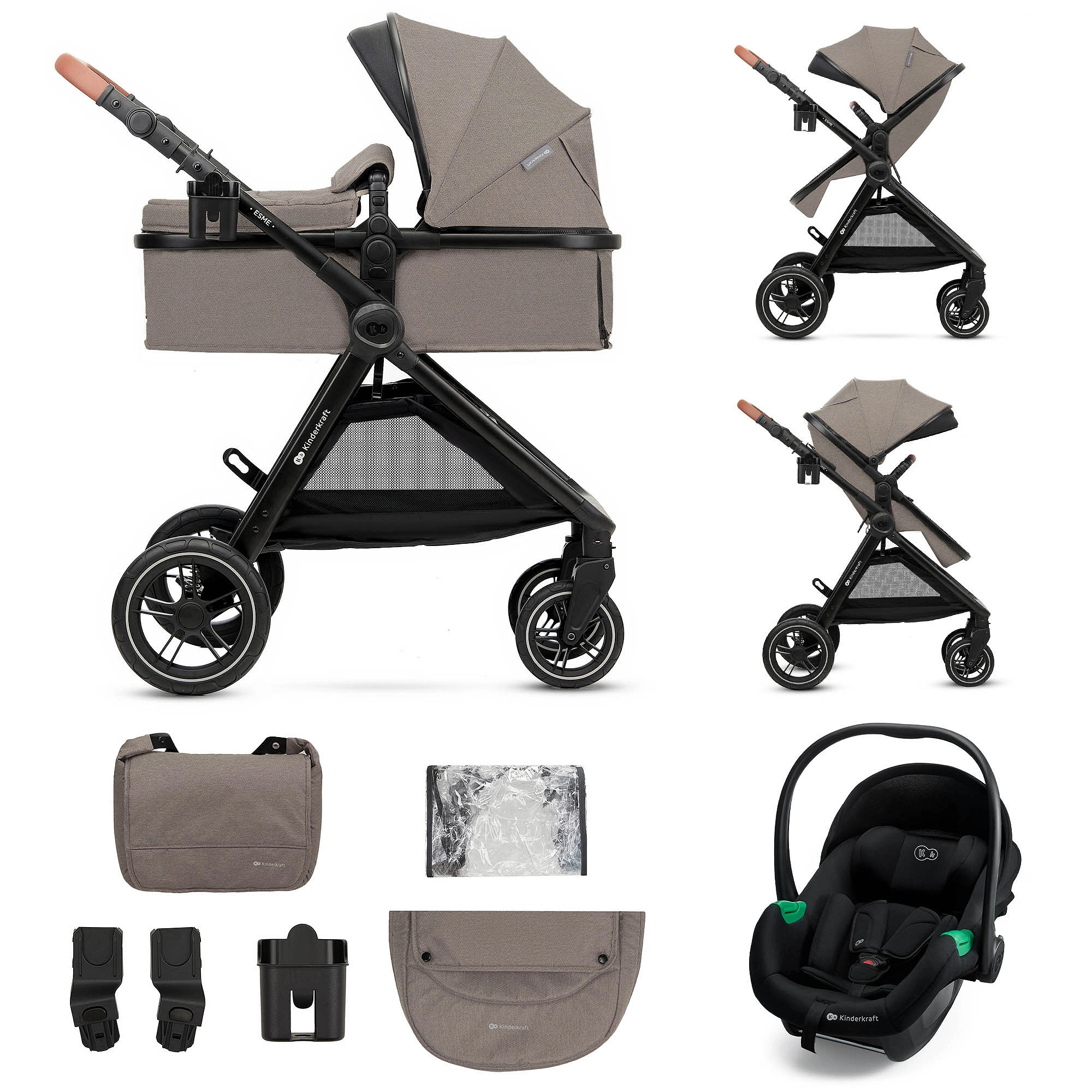 Kinderkraft Esme Pro 3 in 1 Travel System Stroller Infant Car Seat Beige